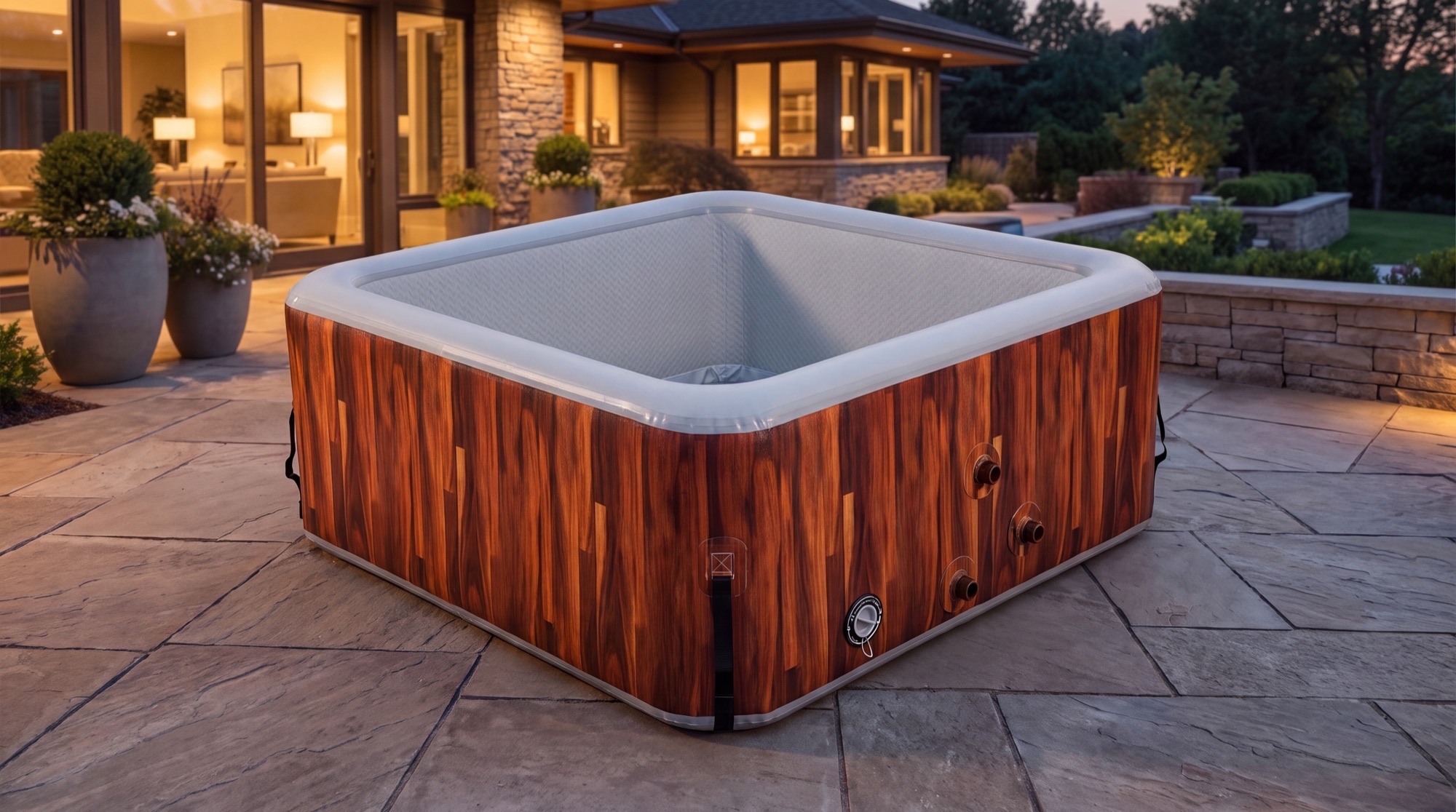 Square wood-grain Off Hours IB5 spa on a quiet outdoor terrace