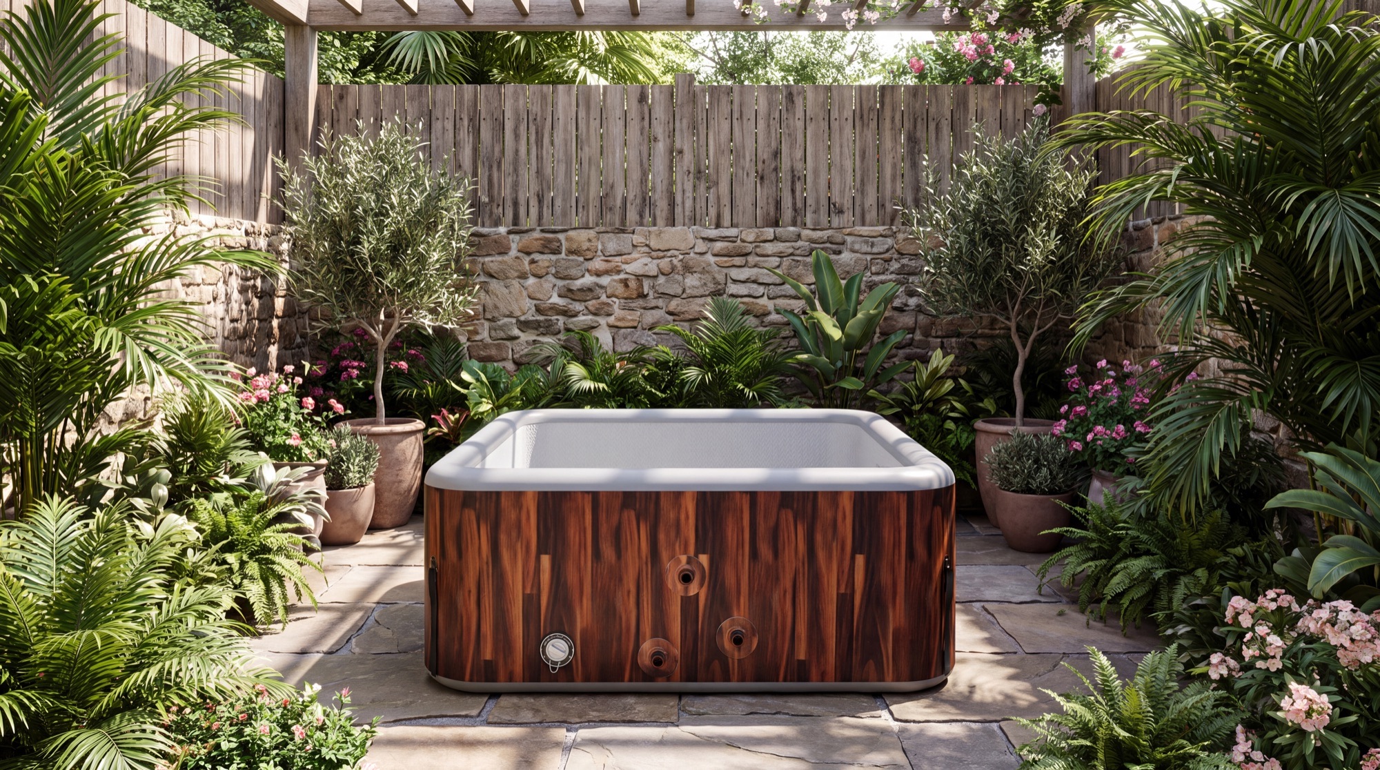 Empty IB5 spa in a planted courtyard