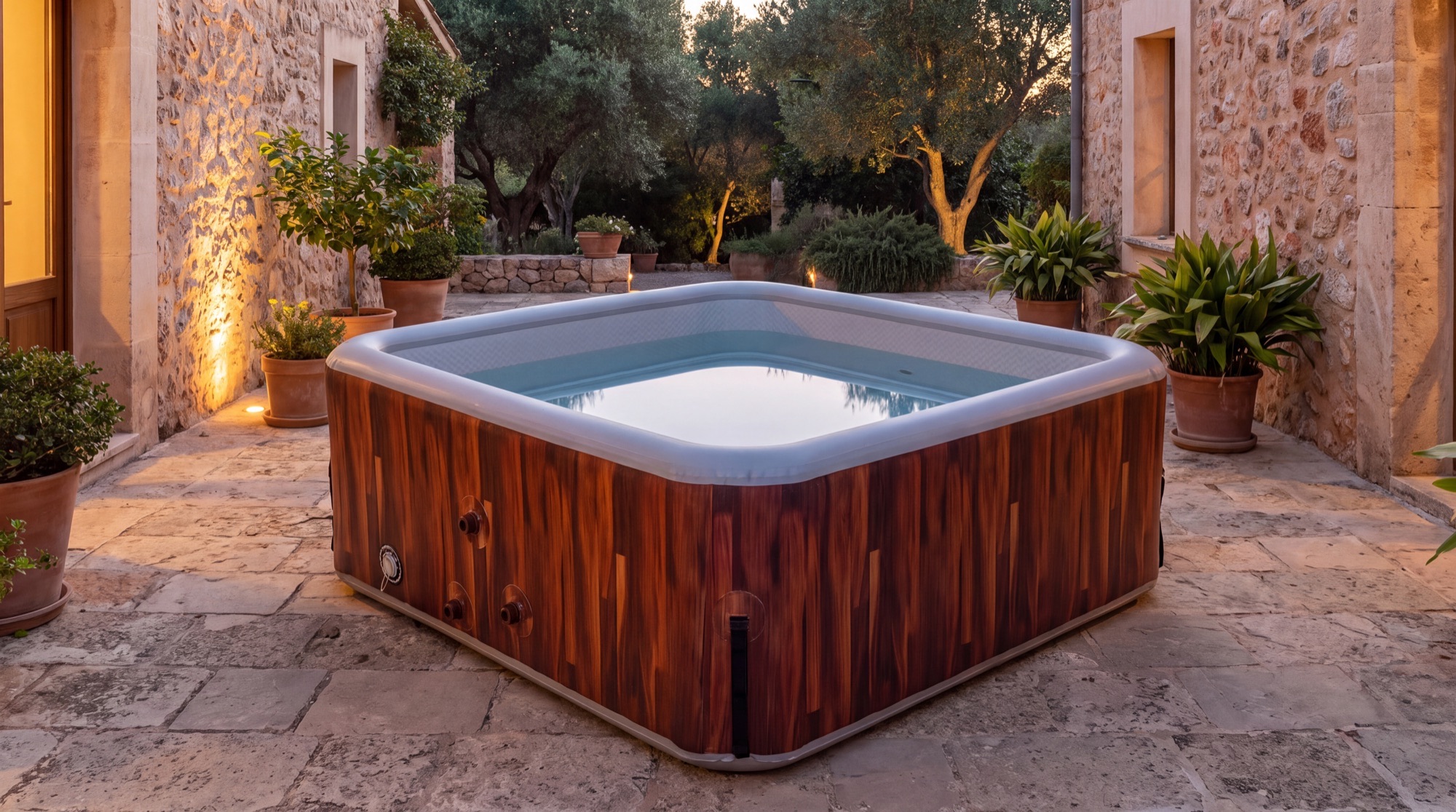 IB5 spa filled with still water in an outdoor courtyard